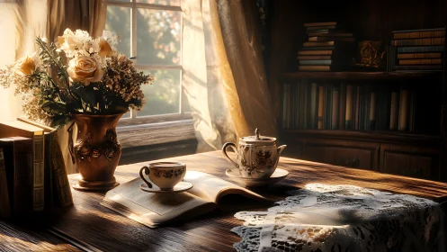 Sunlit vintage tea set rests on open book in study