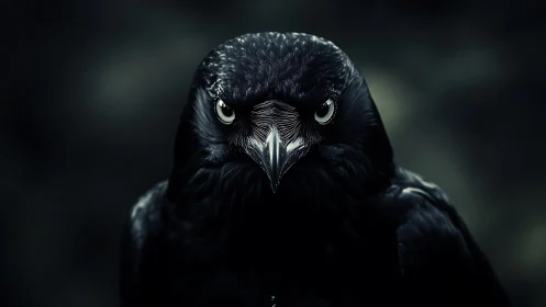 Intense close-up of a raven with dramatic dark background.