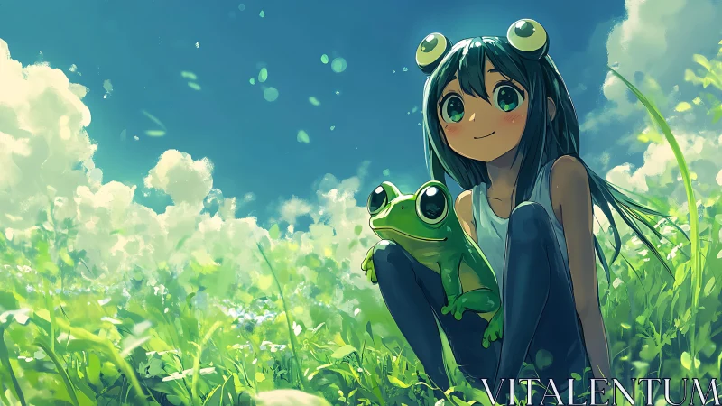 Girl sits in sunlit meadow holding bright green frog companion