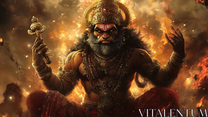 Fire-forged monkey deity throned in blazing celestial fury.