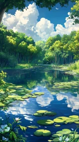 Lily-covered forest pond under towering cumulus clouds