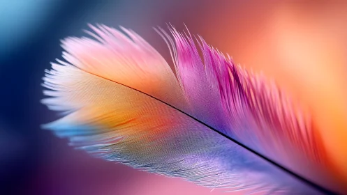 Close-up of multicolored feather against soft gradient background.