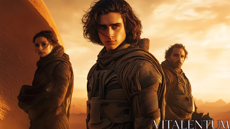 Desert wanderers stand ready beneath molten sunset skies.