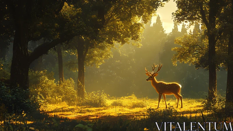 Sunlit stag standing in golden forest clearing at dawn.