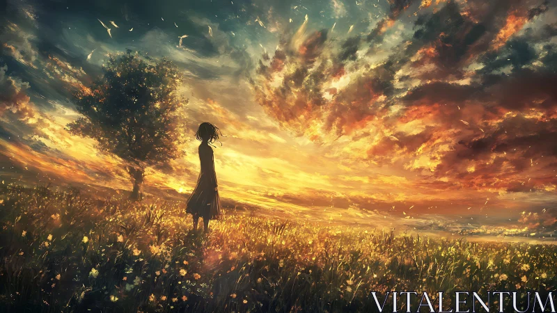 Solitary silhouette under blazing painterly sunset sky.