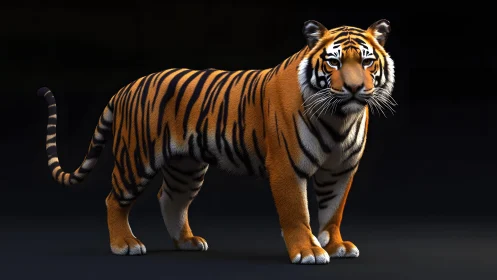 Realistic digital illustration of a majestic tiger on dark background.