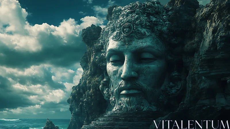 Colossal stone deity face carved into stormy sea cliff