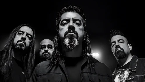 Intense metal band portrait in stark monochrome lighting.
