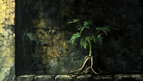 Small rooted tree against cracked concrete wall at dusk.