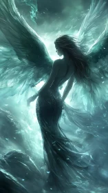 Stormborne seraph in moonlit teal tempest skies.