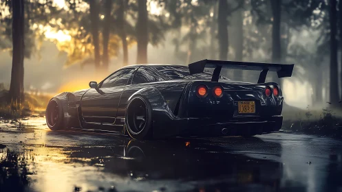 Widebody sports car in reflective wet forest sunset scene.