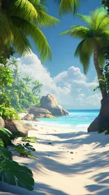 Tropical beach cove surrounded by palm trees and granite boulders.