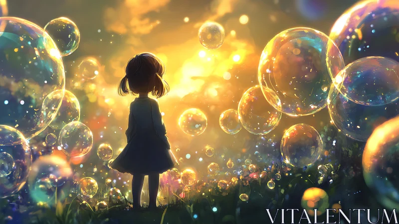 Backlit child silhouette within luminous bokeh bubble field at dusk
