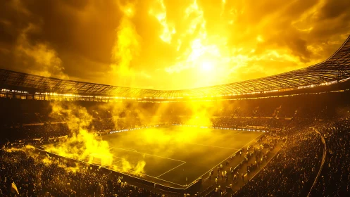 Golden-lit football stadium under blazing sunset sky.