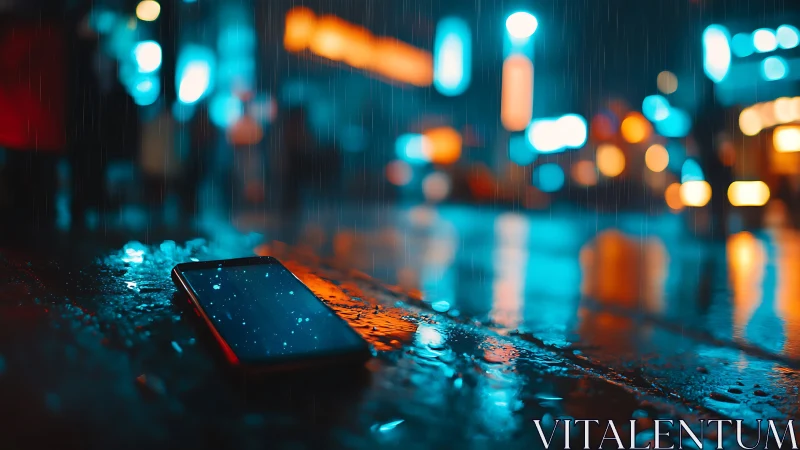 Smartphone abandoned on neon city street in rainfall glow.