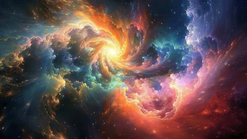 Stellar nebula vortex glows with prismatic cosmic energy.