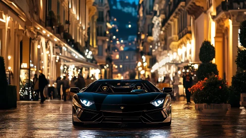 Midnight supercar glows along a lively European city street