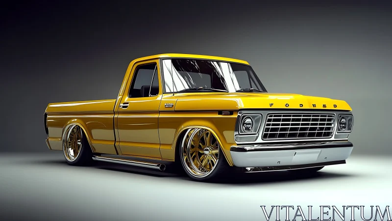 Yellow custom pickup truck with lowered stance in studio.