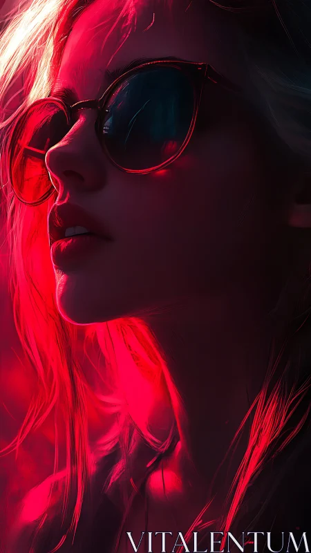 Side profile portrait in red neon light with sunglasses.