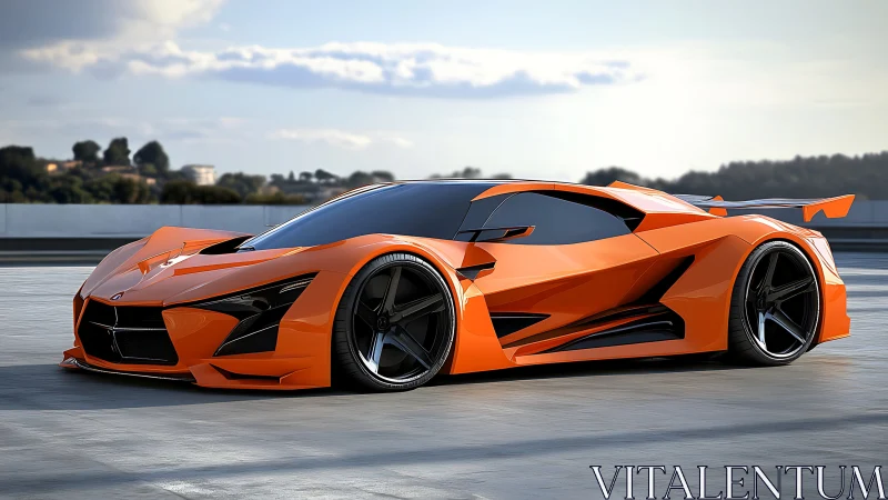 Aerodynamic orange hypercar with aggressive polygonal bodywork.