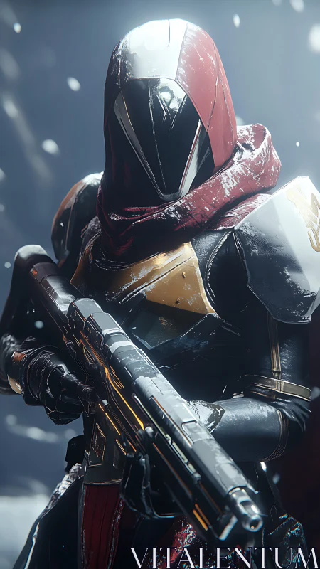 Lone sci fi guardian ready for snow lit battlefield watch.