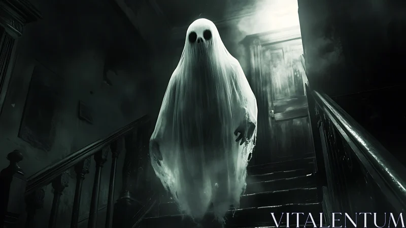 Ghostly figure descends staircase inside dark haunted house