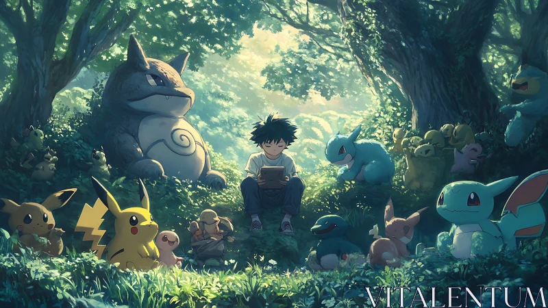 Quiet forest study with a boy and his playful creature friends.