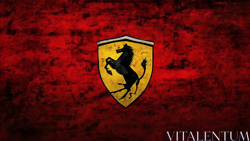 Shield emblem with horse symbol centered on red textured field