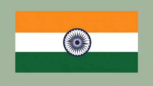 Indian tricolour flag with navy Ashoka Chakra on sage field.