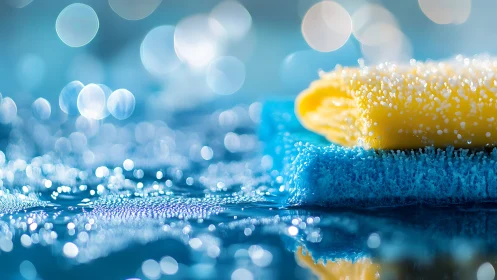Stacked cleaning sponges with water droplets in close view.