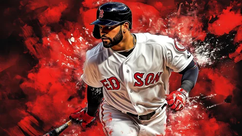 Baseball batter in white uniform on red abstract backdrop.