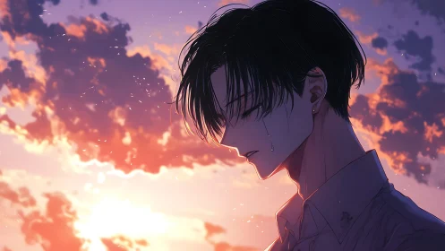 Sunset tears tracing a solitary anime boy in profile.