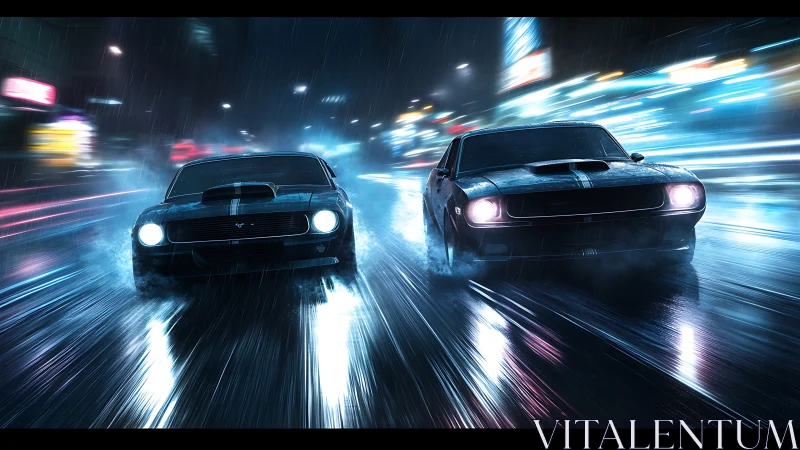 Twin muscle cars roar through a neon soaked midnight street