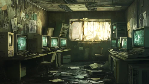 Decaying retro computer lab under harsh window light.