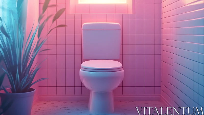 Neon lit modern toilet in small tiled bathroom interior.