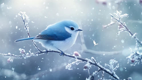 Blue songbird on frosty branch in dreamy winter illustration.