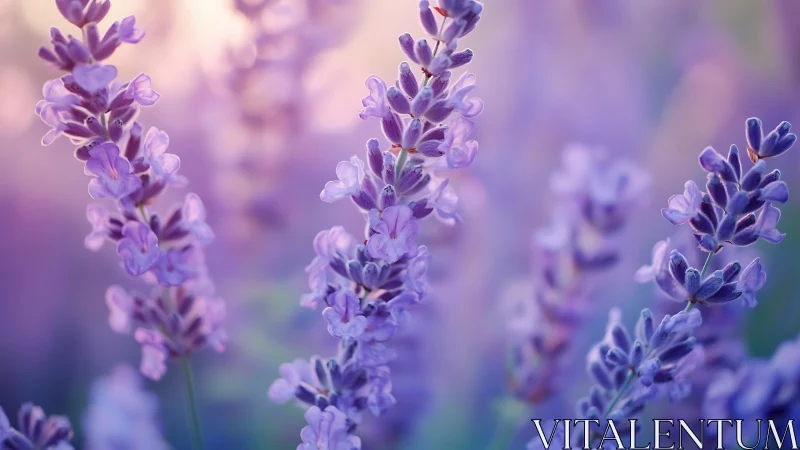 Close-up lavender blossoms in soft purple evening light.