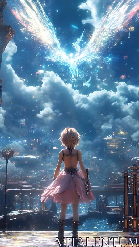 Skyward girl beneath radiant celestial phoenix apparition.
