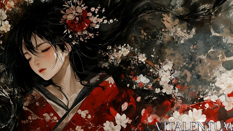 Sleeping maiden in crimson kimono amid painted blossoms.