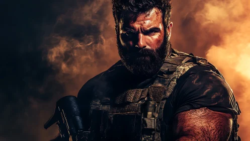 Battle-hardened warrior stands strong amid swirling firelight