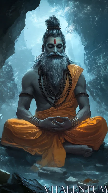 Mystic yogi in cave environment with cinematic cool lighting.