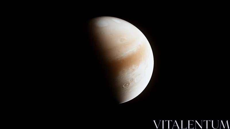 Crescent gas giant displays storm bands against deep black void