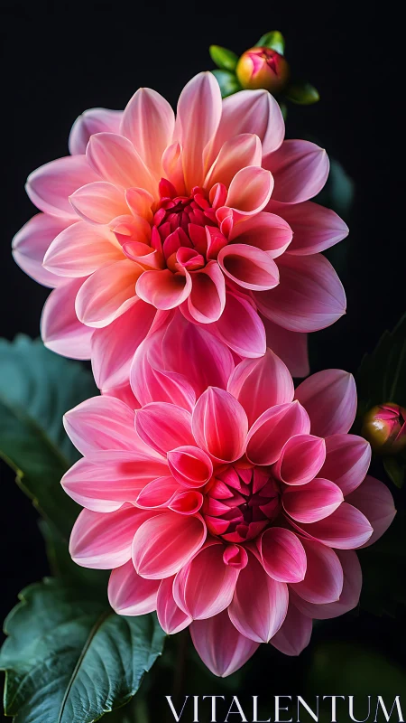 Pink Dahlia Blooms Against Dark Background.