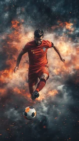 Soccer player in midair strike amid digitally rendered smoke