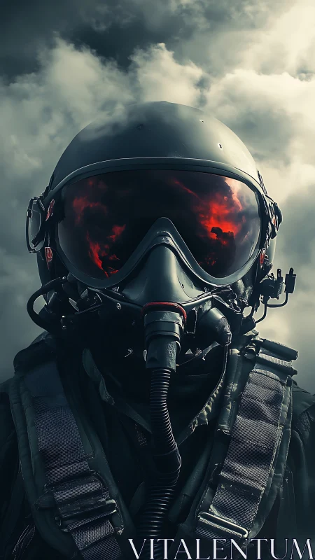 Modern fighter pilot portrait with reflective visor clouds.