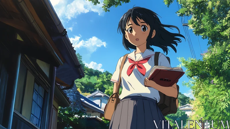 Schoolgirl walks through sunlit village street with quiet wonder