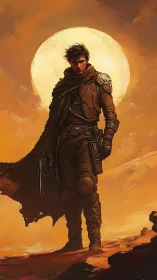 Lone gunslinger strides beneath a burning desert moon.