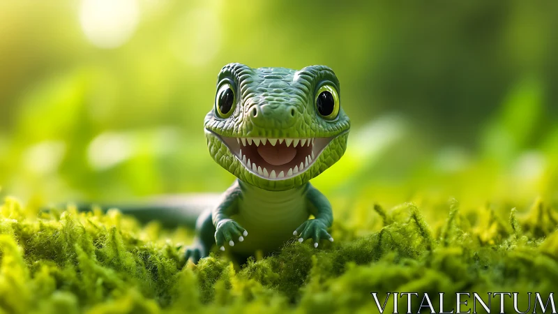 Adorable stylized baby dinosaur smiles amid luminous moss