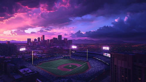 Baseball stadium under vivid city sunset sky lighting.