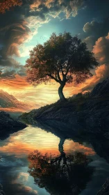 Lone riverside tree mirrors under a dramatic sunset sky.
